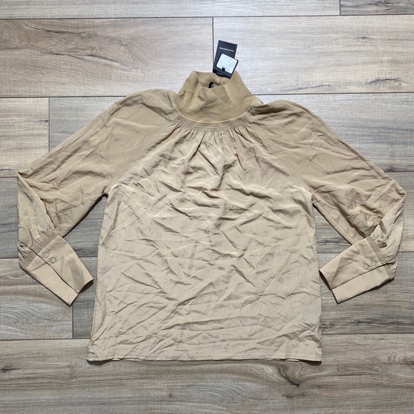 Club Monaco Women Rib Neck Blouson Sleeve Blouse Size XS Tan‎ Relaxed Fit - Picture 1 of 10